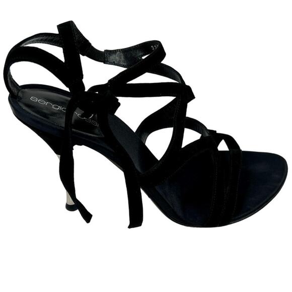 Sergio Rossi AL3254 Size 9.5 Black Suede Royal Nero Cut Out ANKLE STRAP Sandals - Picture 1 of 16